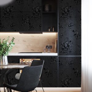 Erfoni Black Wallpaper Peel and Stick Wallpaper Black Floral Embossed Contact Paper 17.7inch×118.1inch Removable Textured Flower Wallpaper Self Adhesive Thicken Countertops Cabinets Contact Paper