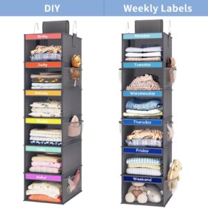 Fixwal 6-Shelf Weekly Clothes Organizer for Kids, Kids Daily Shelf Hanging Closet Organizer with 6 Side Pockets, Days of The Week Hanging Storage Shelves (Dark Grey)