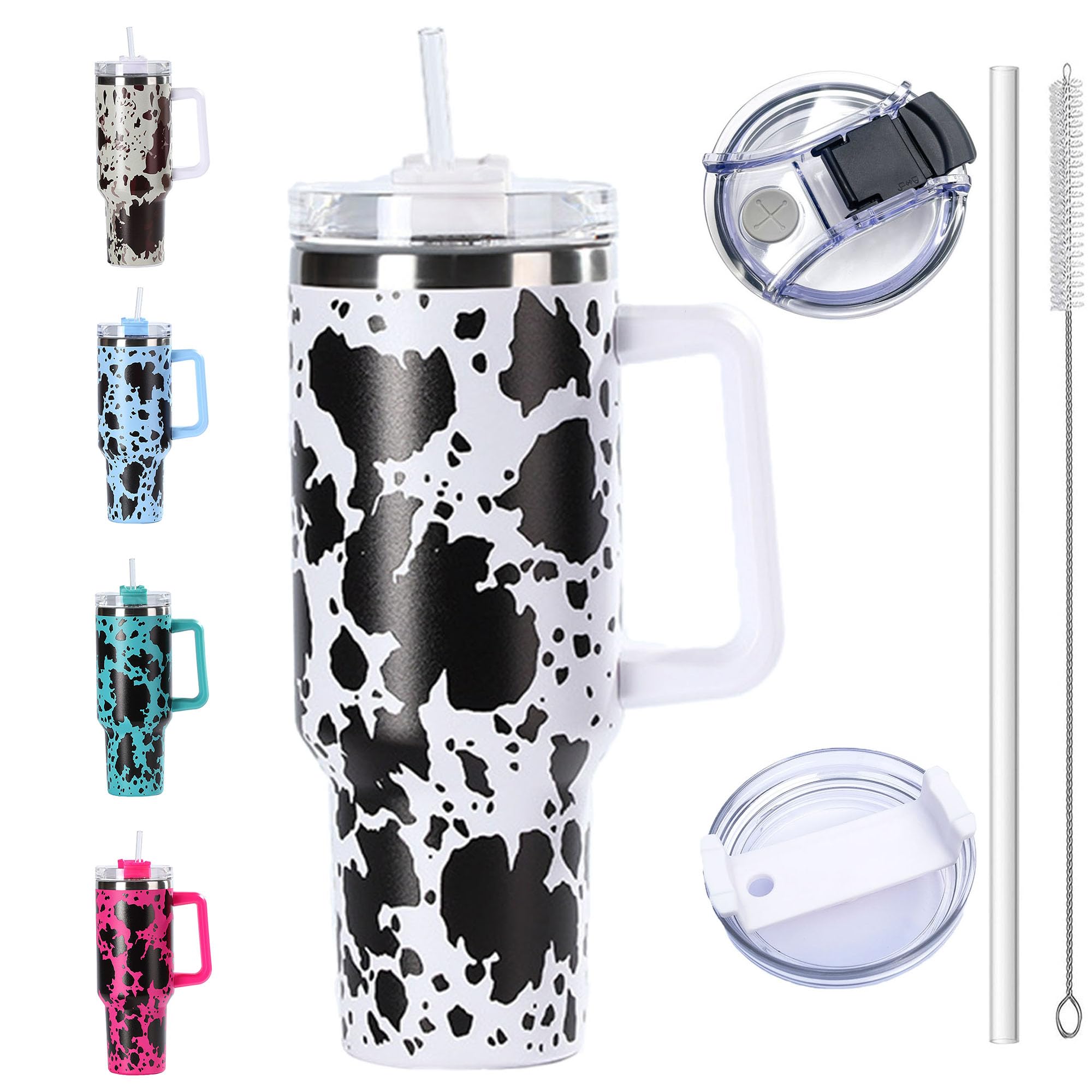 ZYOsJK 40 oz cow tumbler with handle leakproof Cow print tumbler with Lid and Straw stainless steel Vacuum insulated Tumbler Travel Coffee Mug