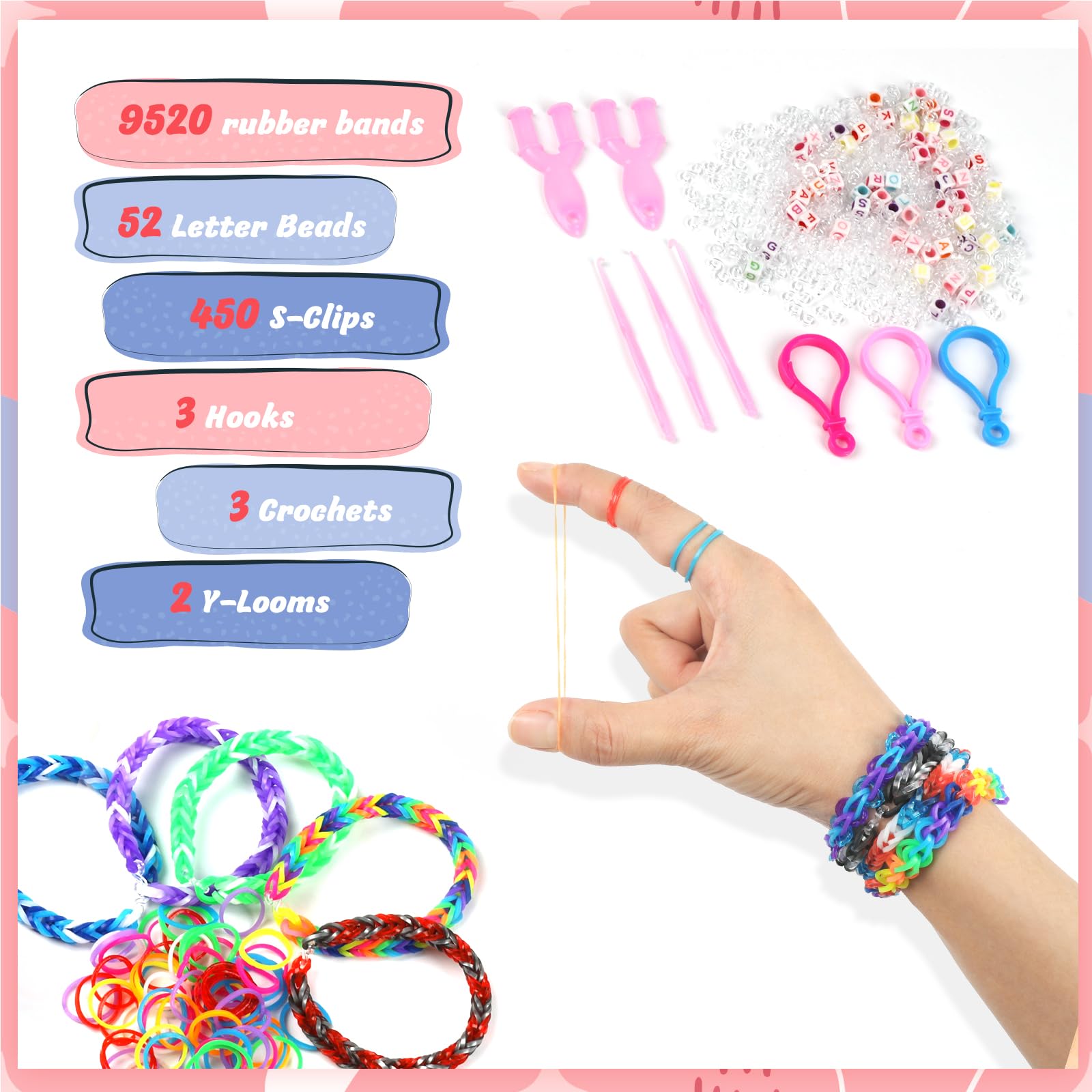 HTVRONT Rubber Band Bracelet Kit - 10000+ Loom Bracelet Making Kit with 450 Clips, Rubber Bands Refill Loom Set for Beginners, Rubberband Bracelets Kit for Girls Boys Birthday Parties Gift