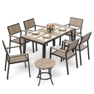 Pamapic 8-Piece Patio Dining Set，Outdoor Aluminum Furniture Set with Plastic-Wood Table Top,Outdoor Furniture Set with 6 Outdoor Stackable Chairs for Patio Garden Poolside (Black)