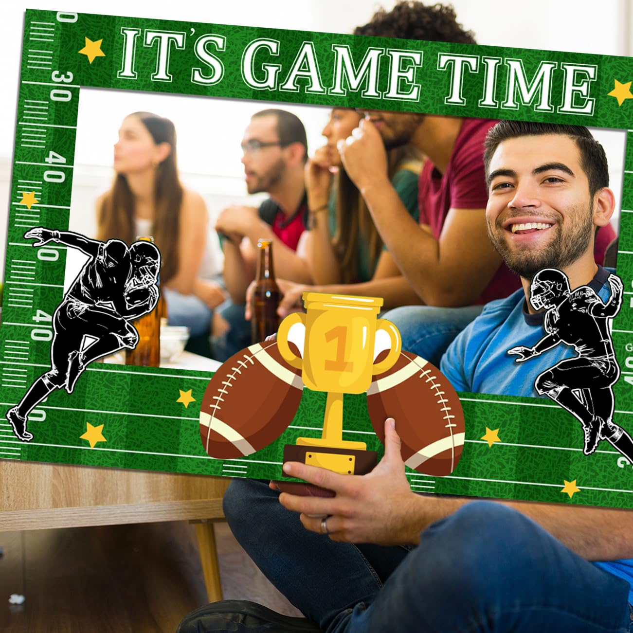 Football Photo Booth Props, Super Bowl Game Day Decorations Football Touchdown It's Game TIME Selfie Props with Photo Frame for Sport Football Superbowl Theme Party Favors Supplies