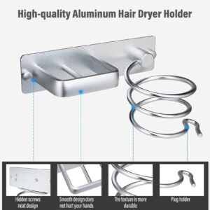 OSTTRPO Bathroom Hair Dryer Holder, Aluminum Alloy Material Wall Mounted Self Adhesive Hair Dryer Rack Compatible with All Hair Dryer Models - Silver