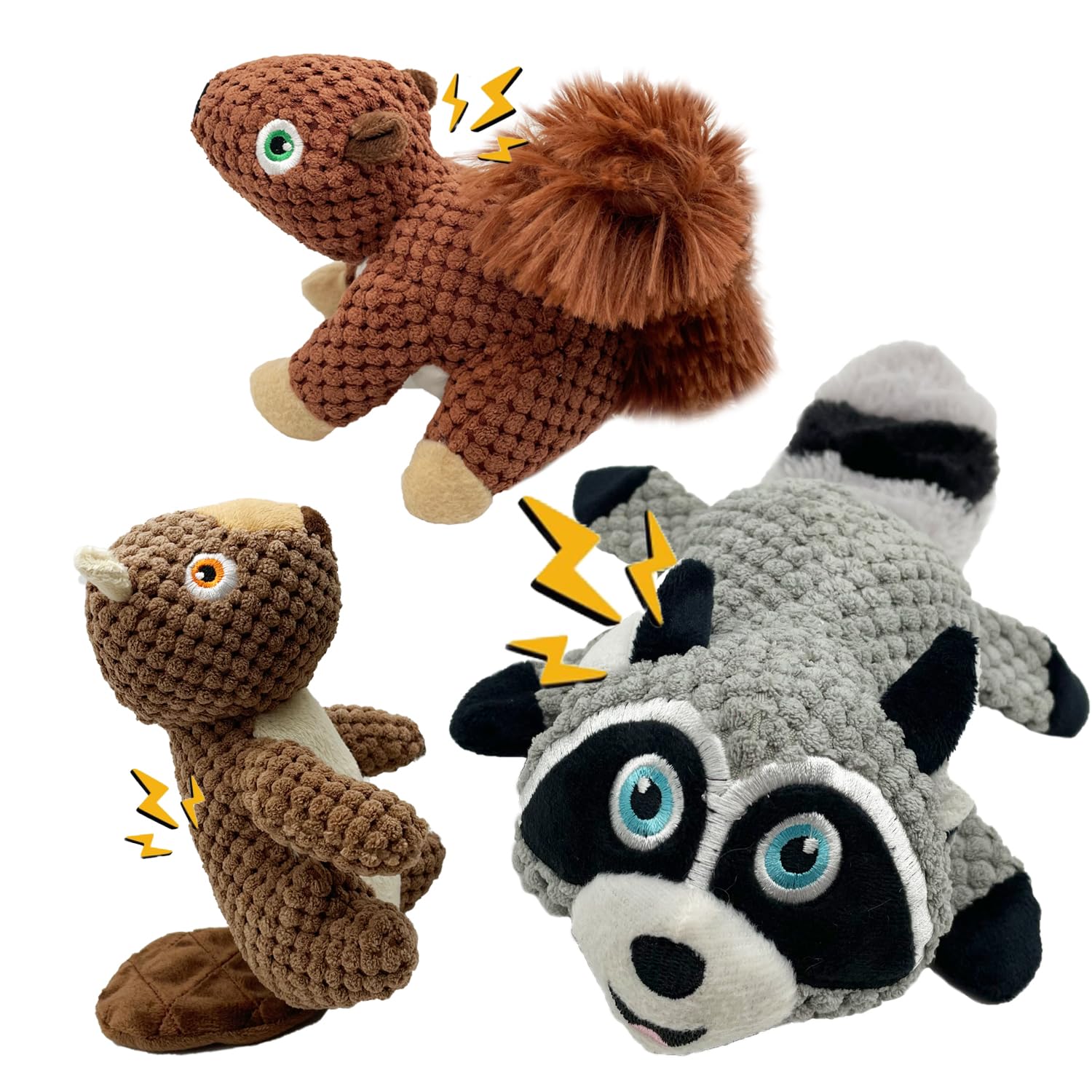 YMZHWR Dog Squeaky Toys, Squeak Dogs Chew Toy for Small Medium Large Breed Chewers Plush Tough Durable Aggressive Stimulating Pet Supplies Gifts (Raccoon+Beaver+Squirrel)