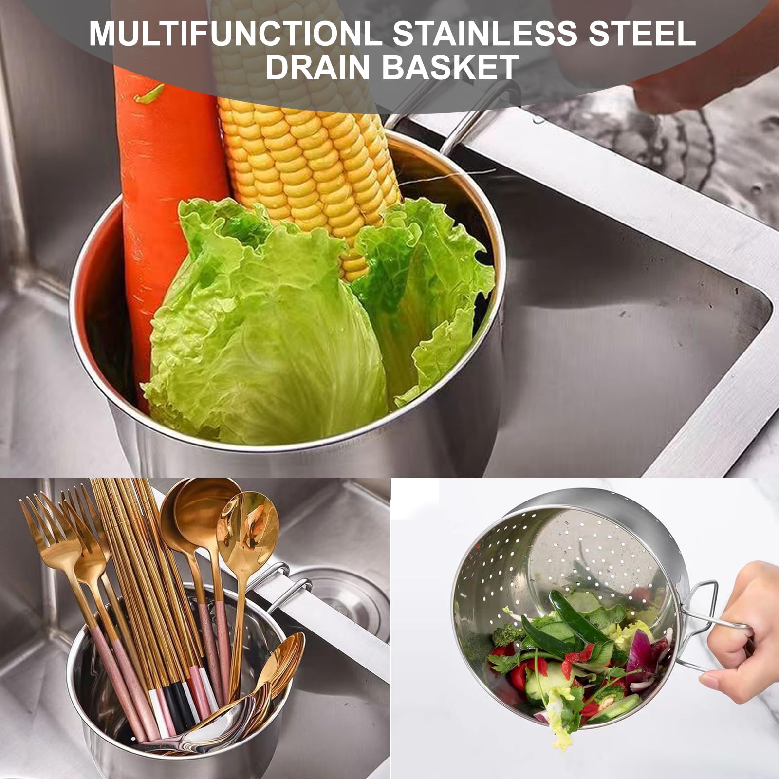 Stainless Steel Sink Food Catcher, Multifunctional Hanging Sink Strainer Colander Drain Basket for Filter Kitchen Waste and Wash Fruits or Vegetables