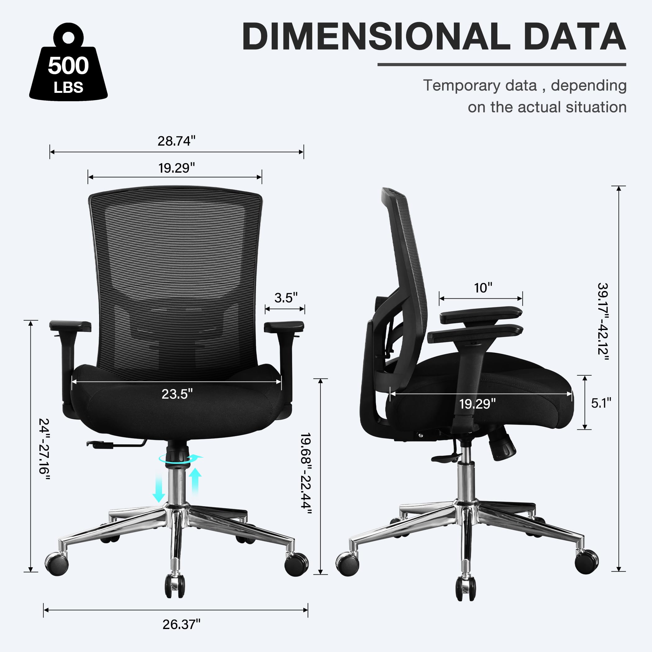 Blue Whale 500lbs Big and Tall Office Chair Widen 3D Cushion Ergonomic Office Chair with 4D Armrests and Adjustable Lumbar Support Office Desk Chair for Adult Heavy Duty Mesh Computer Chair