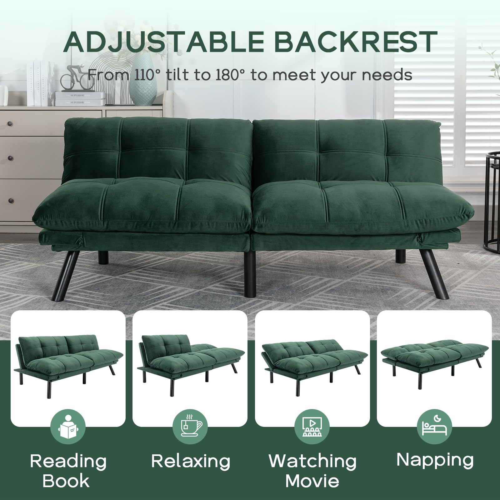 Sudwesto 70.87'' Futon Sofa Bed, Velvet Upholstered Convertible Sofa Bed with Adjustable Armrests and Backrest, Button Tufted Sleeper Sofa Bed with Iron Legs, Fold Sofa Bed (Emerald)