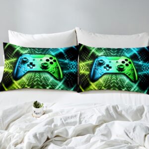 Gamepad Bedding Sets for Boys,Reversible Gaming Duvet Cover Set Twin Size,Video Games Geometry Comforter Cover,Bed Set for Kids Bedroom,Gamepad Controller,2 Pcs with 1 Pillow Case,Blue Green Neon