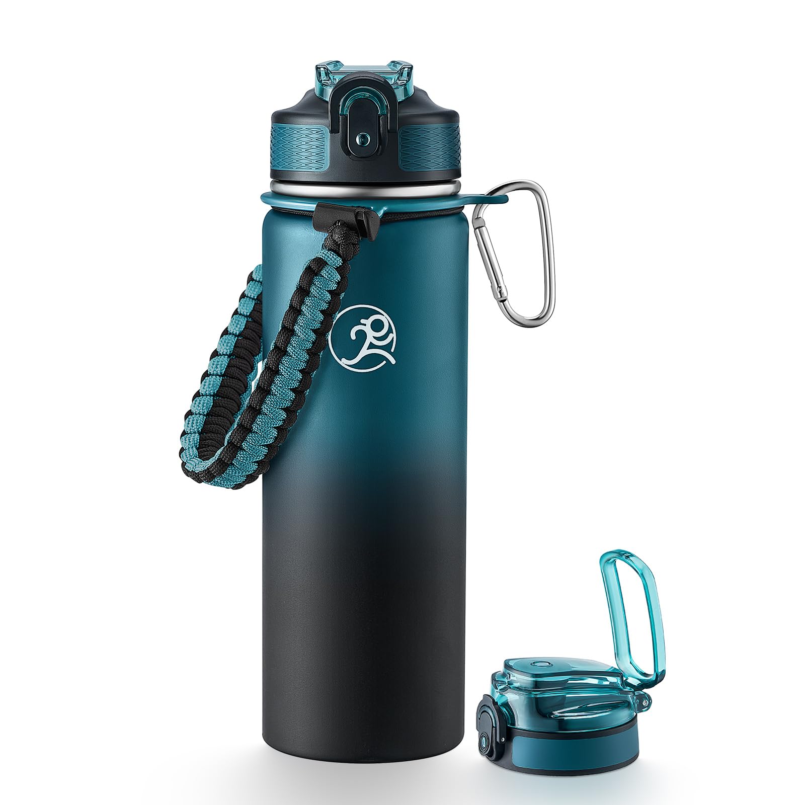 GOSWAG Insulated Sports Water Bottle, 24oz 2 Lids(with Straw/No Straw), Stainless Steel Water Bottles with Paracord Handle, Insulated Thermos with Double-Wall Vacuum Insulation