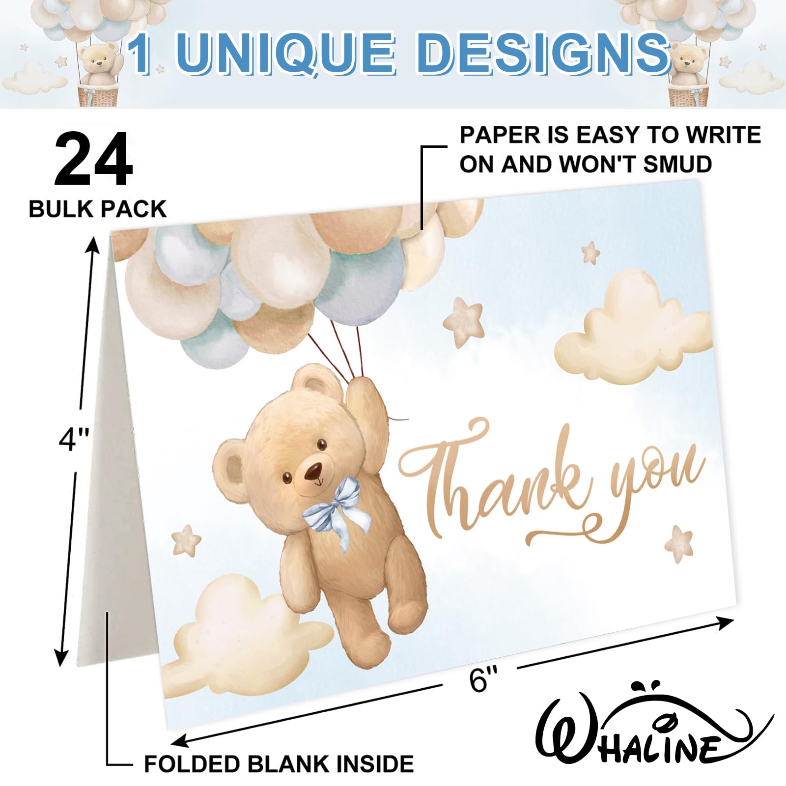 Whaline 24Pcs Bear Thank You Cards Watercolor Bear Balloon Greeting Cards with Envelope Stickers Cartoon Blank Note Cards for Birthday Wedding Baby Shower Party Supplies, 4 x 6 Inch