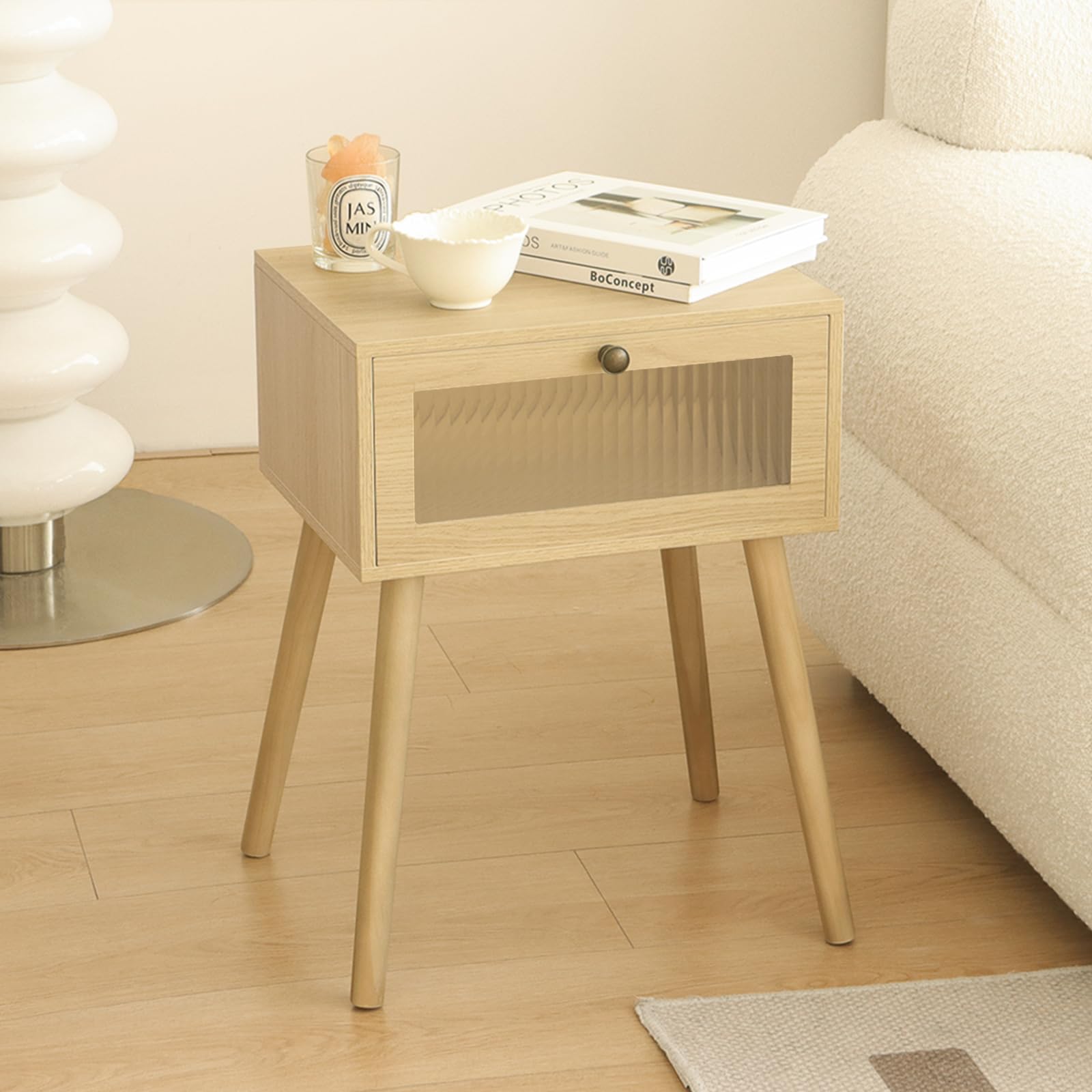 AWASEN Mid Century Modern Nightstand, Small Bedside Table with Drawer, Side Table Bedroom End Table with Storage and Solid Wood Legs for Living Room and Small Space (Natural)