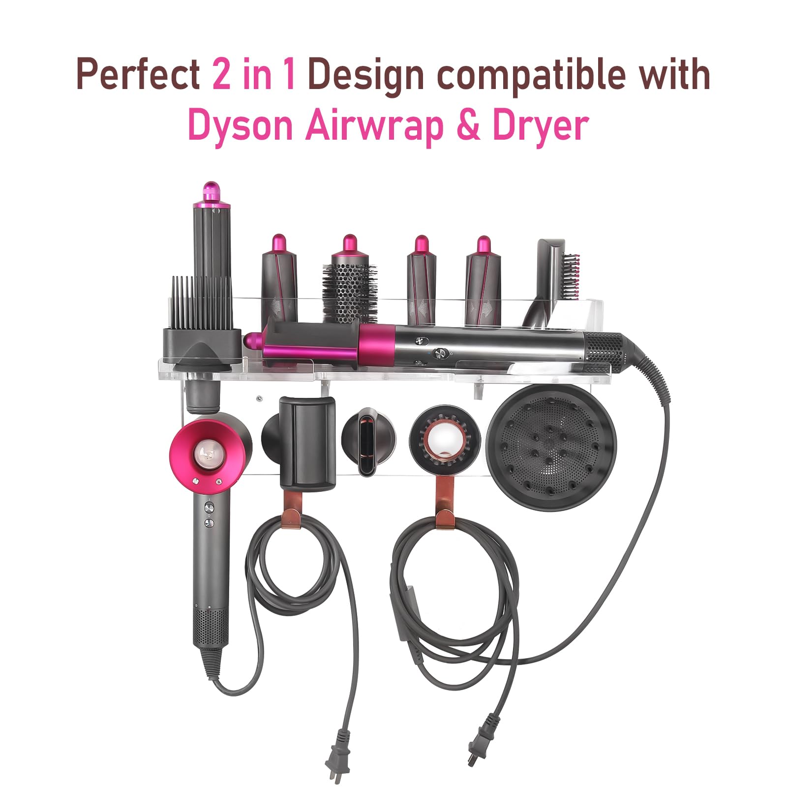 Floatant Wall Mount Holder Compatible with Dyson Airwrap Styler Supersonic Hair Dryer, 2 in 1 Blow Dryer Accessories Organizer Storage Rack for Curling Iron Wand Barrels Brushes Diffuser Nozzles