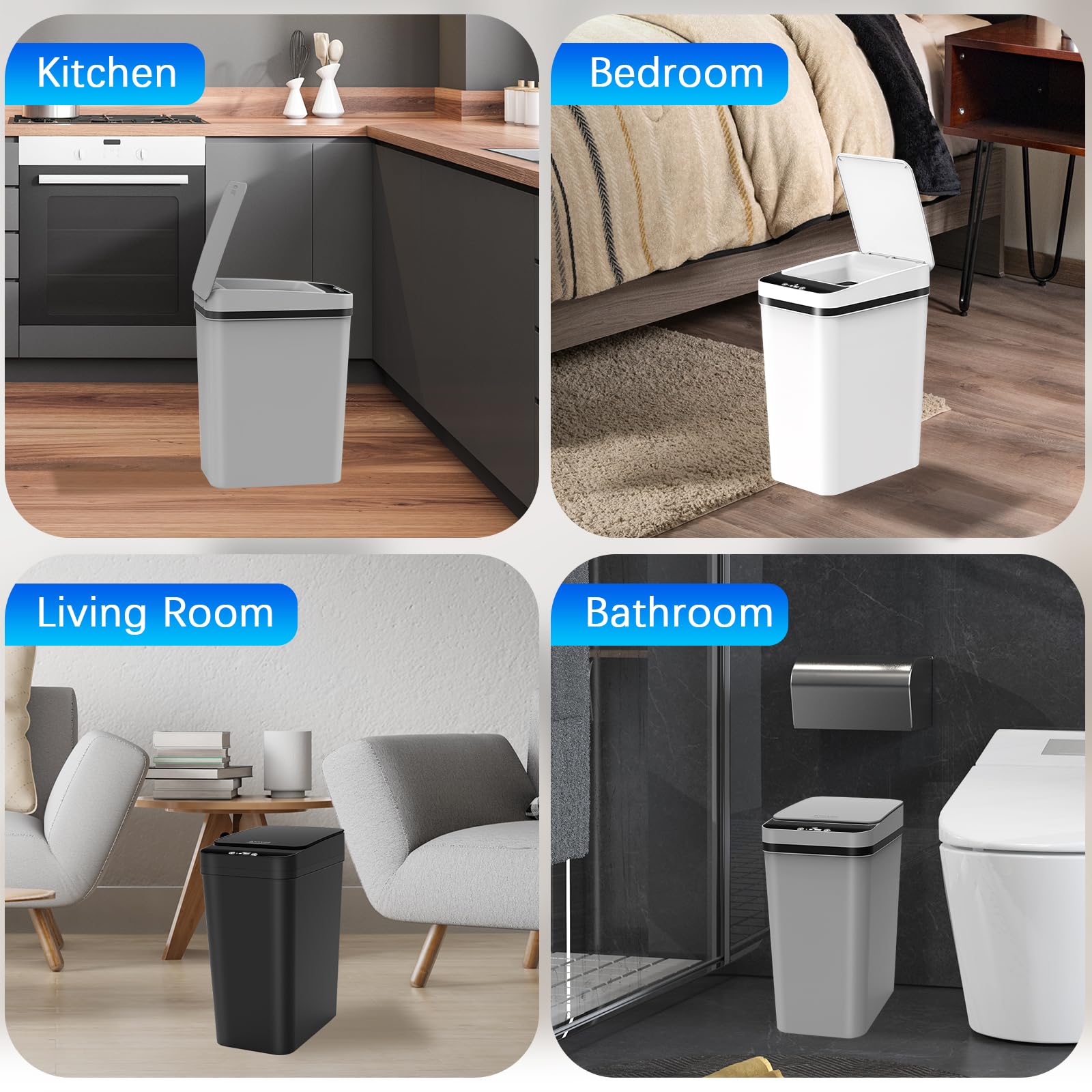 3 Pack Automatic Small Bathroom Trash Can with Lid - 2.5 Gallon Touchless Garbage Can, Motion Sensor Smart Trash Bin, Slim Dog Proof Trashcan, Waterproof Plastic Wastebasket for Bedroom Office Kitchen