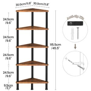 Homedawn Corner Shelf, Corner Bookcase, Industrial 5-Tier Corner Shelf Stand Display Rack,Wall Corner Bookshelf,Tall Shelf Plant Stand for Small Spaces, Living Room, Home Office (Rustic Brown)