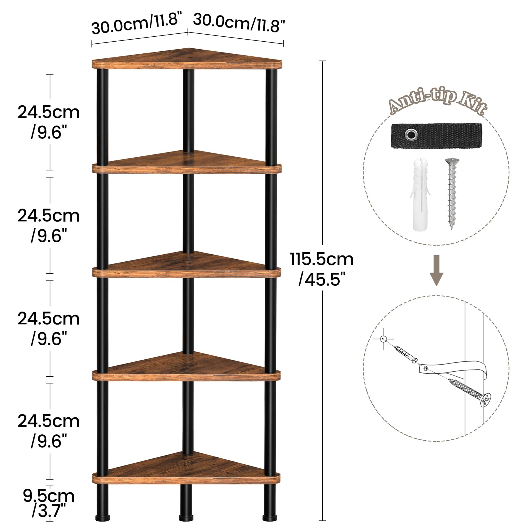 Homedawn Corner Shelf, Corner Bookcase, Industrial 5-Tier Corner Shelf Stand Display Rack,Wall Corner Bookshelf,Tall Shelf Plant Stand for Small Spaces, Living Room, Home Office (Rustic Brown)