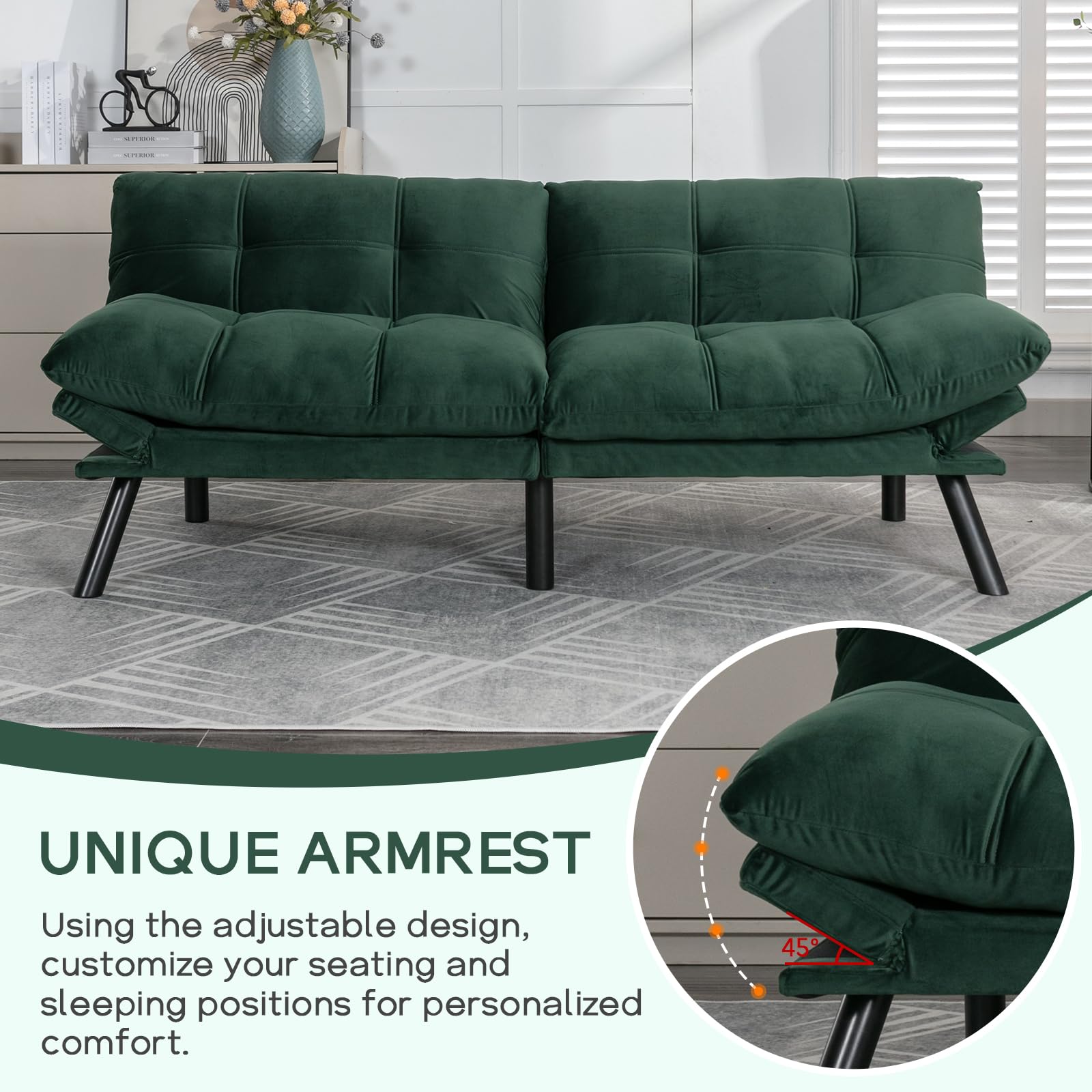 Sudwesto 70.87'' Futon Sofa Bed, Velvet Upholstered Convertible Sofa Bed with Adjustable Armrests and Backrest, Button Tufted Sleeper Sofa Bed with Iron Legs, Fold Sofa Bed (Emerald)