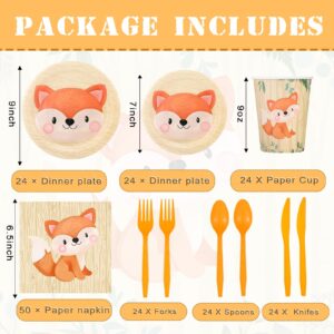 Yoande 194 Pcs Fox Duck Bird Theme Birthday Party Supplies Woodland Animal Face Paper Dessert Plates Knives Forks Spoons Cups Napkins for Kids Girl Boy Baby Shower Tableware Set Serves 24 (Fox)