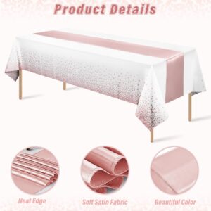 24 Pack Rose Gold Tablecloth and Table Runner Set Party Decorations, White and Rose Gold Plastic Disposable Tablecloth and Satin Table Runner for Wedding Birthday Bridal Graduation Anniversary Party