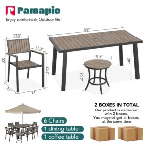 Pamapic 8-Piece Patio Dining Set，Outdoor Aluminum Furniture Set with Plastic-Wood Table Top,Outdoor Furniture Set with 6 Outdoor Stackable Chairs for Patio Garden Poolside (Black)