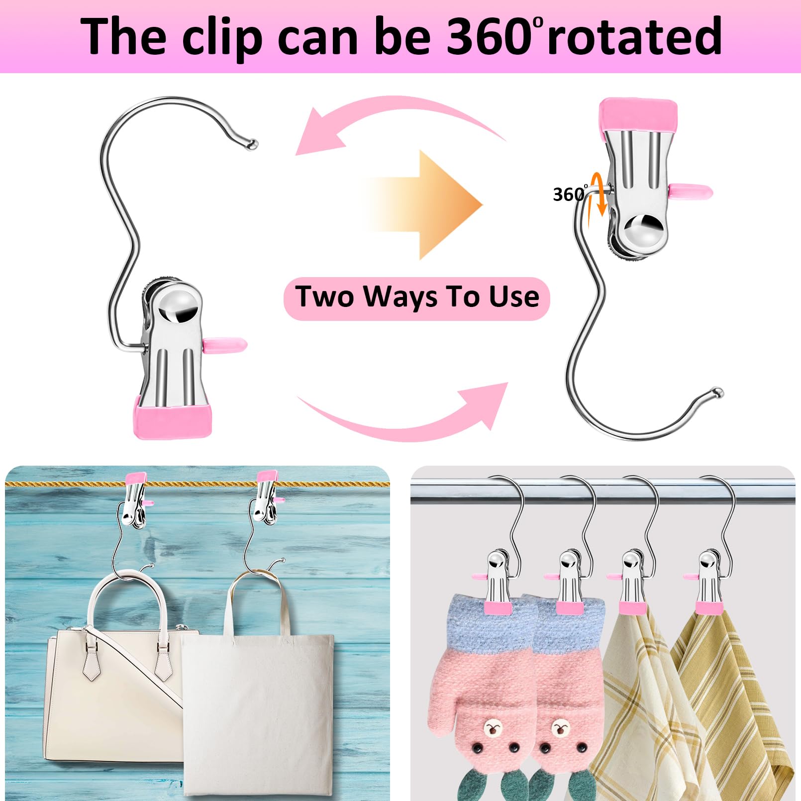 Yihurlm Boot Hangers for Closet,30 Pack Laundry Hooks with Clips,Stainless Steel Boot Hanger Clips,Portable Hangers Single Clip Space Saving Boot Clips for Hanging (Pink)