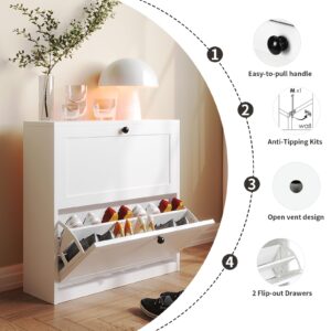 VOWNER Shoe Cabinet with 2 Flip Drawers, Freestanding Shoe Storage Cabinet with Adjustable Shelf & Anti-Tipping Device, Shoe Rack for Entryway, Hallway, Living Room (White)