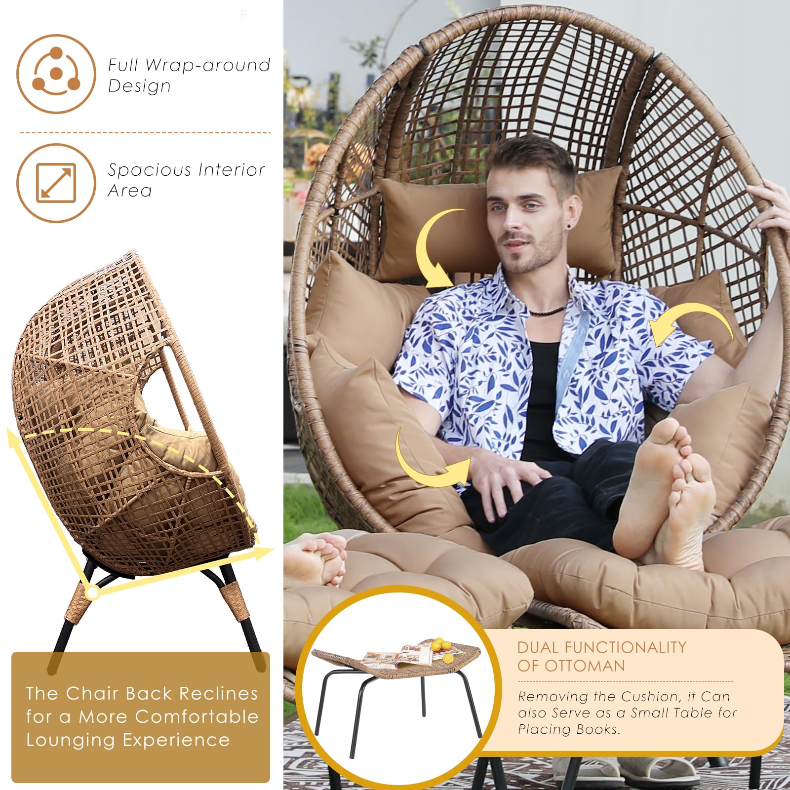 NICESOUL® 2 Person Indoor Outdoor Stationary Wicker Egg Chair Oversized Thicken Cushions Double Egg Seat 440lbs Egg Basket Lounge Chair with Ottomans, Boho Rattan Chair for Patio Brown