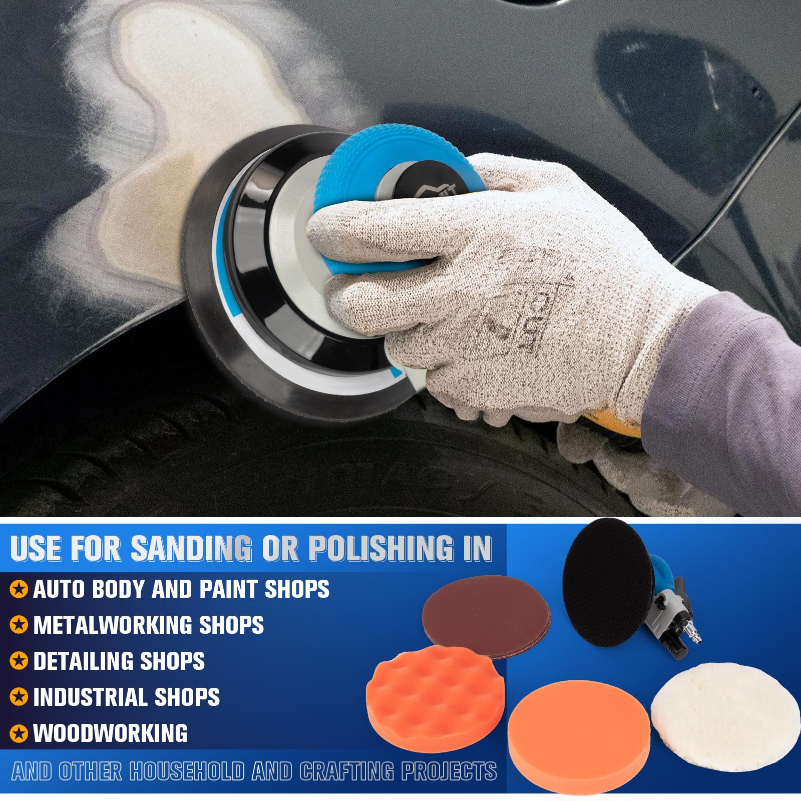 KUIMIT 5 Inches Air Random Orbital Sander, Pneumatic Palm Car Sanders For Wood Polisher Metal,And Auto Body Work, Da Sanders, Dual-action Sander