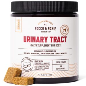 rocco and roxie dog uti treatment, cranberry supplement for dogs, bladder control, urinary tract support with d-mannose and tart cherry, incontinence health supplements, dog treat soft chews 90 ct