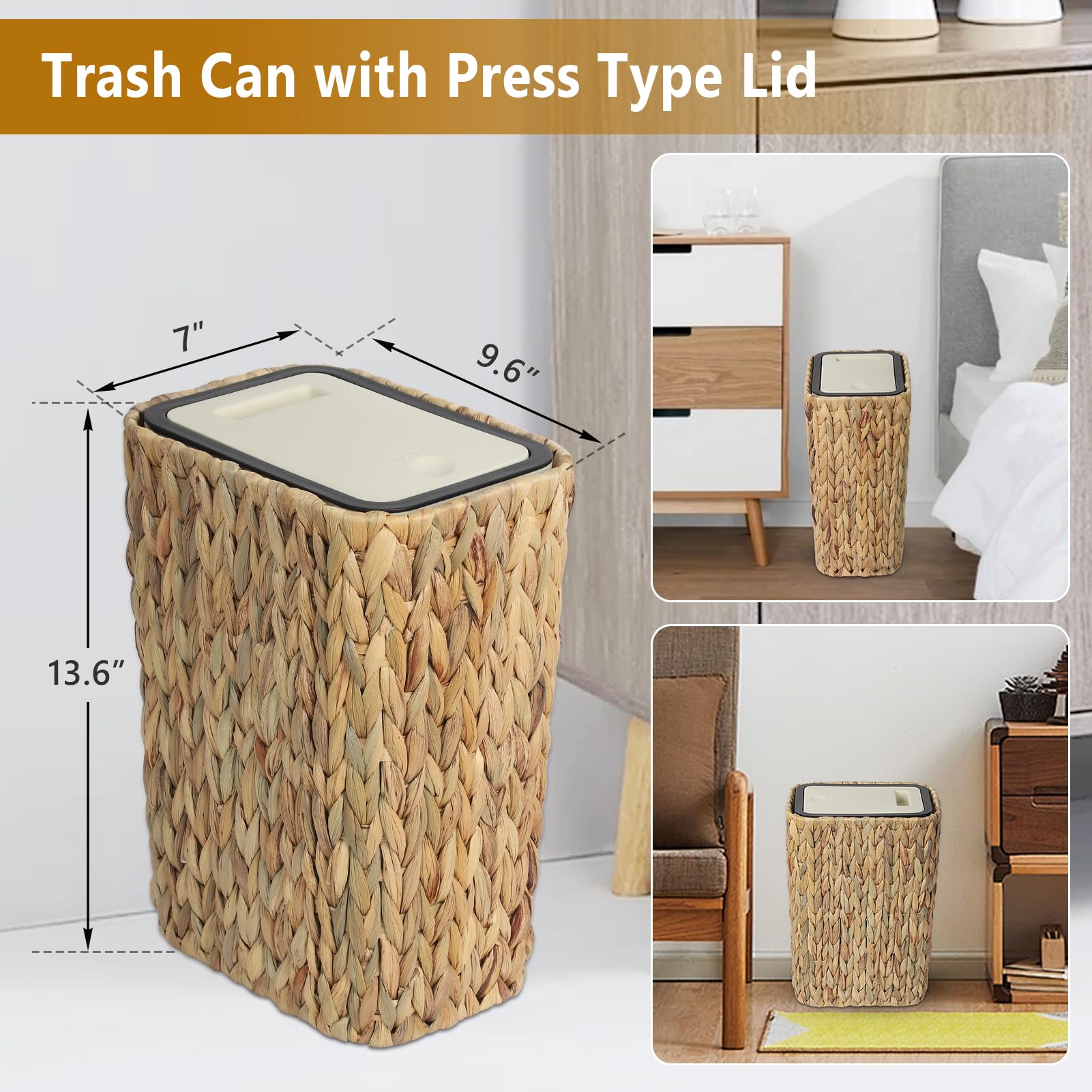 Trongee Boho Trash Can with Lid for Bathroom,2.6 Gallon Small Rattan Garbage Can with Press Top Lid,Woven Wastebasket and Hamper 2 in 1 Wicker Trash Basket for Bathroom,Kitchen,Living Room,Bedroom