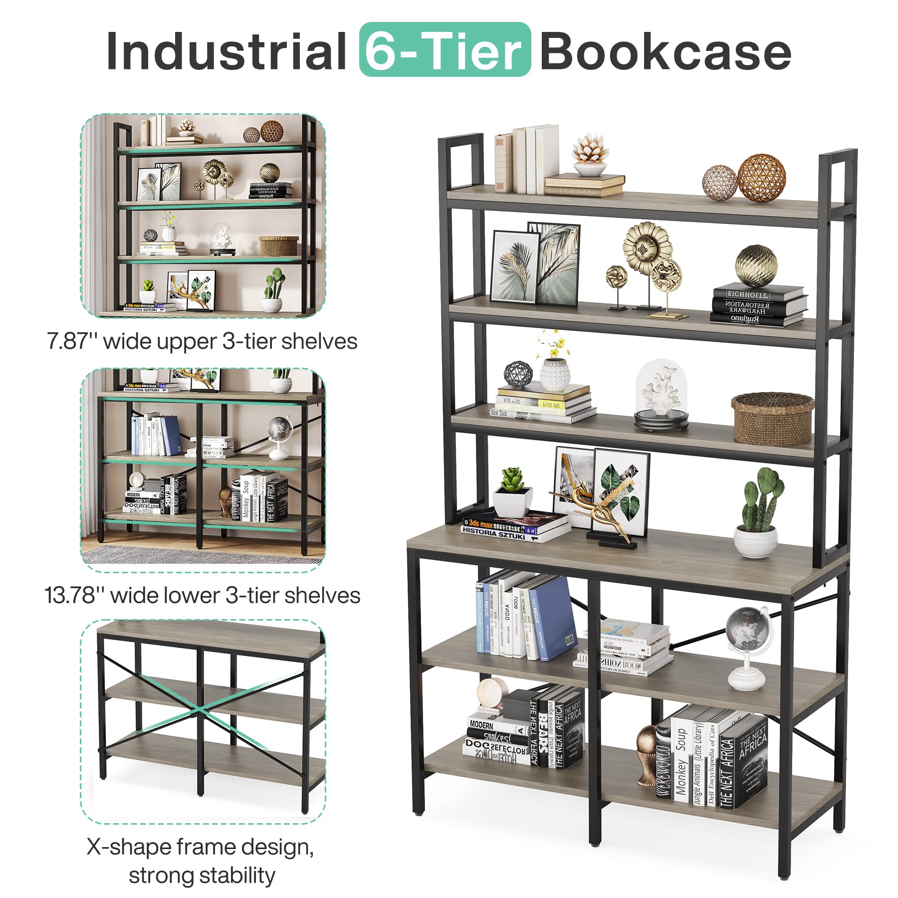 Tribesigns 6-Tier Bookshelf,Industrial Bookcase with Open Shelf,6 Shelf Storage Rack with X-Shaped Frame,Rustic Book Shelf for Living Room, Bedroom,Home, Office (1, Retro Gray)