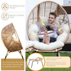 NICESOUL® Wicker Stationary Egg Chair Indoor Outdoor Egg Basket Lounge Chair Oversized Thick Cushions Egg Seat with Legs 440lbs Egg Nest Chair with Ottoman, Boho Rattan Chair for Patio Beige