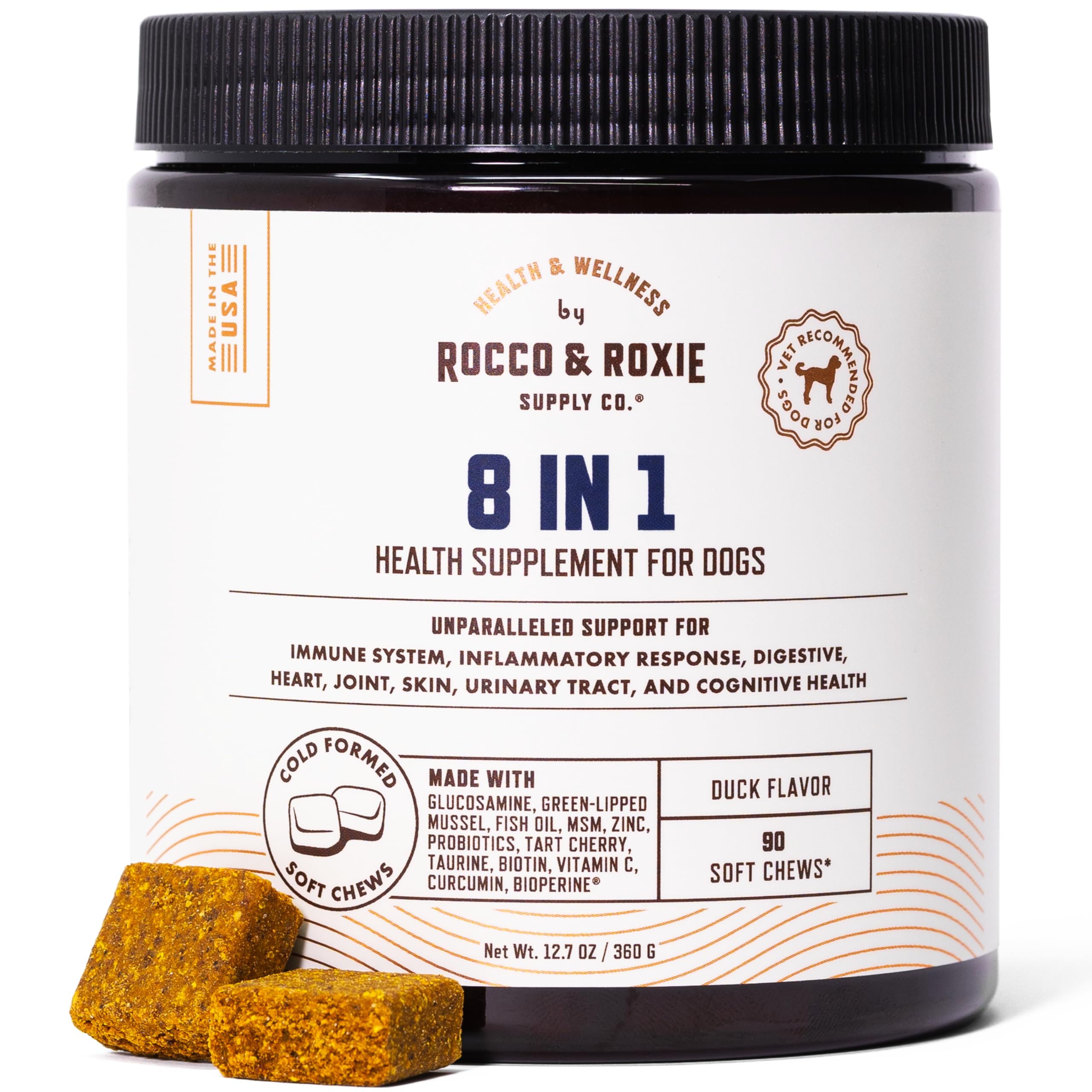 Rocco & Roxie 8 in 1 Dog Vitamins and Supplements, Glucosamine, Green Lipped Mussel Hip and Joint, Probiotics Digestive Health, Immune Skin and Coat, Puppy to Senior Chewable Multivitamin, 90 ct chews