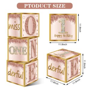 Guiruiy 3Pcs 1st Birthday Boxes Party Supplies for Baby Girl, Pink Rose Gold Miss Onederful 1st Birthday Balloons Boxes Decoration, Pink One Year Old Birthday Theme Cardboard Box Decor