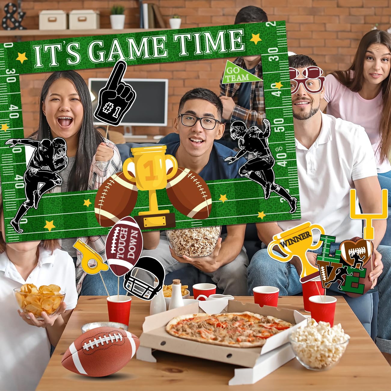 Football Photo Booth Props, Super Bowl Game Day Decorations Football Touchdown It's Game TIME Selfie Props with Photo Frame for Sport Football Superbowl Theme Party Favors Supplies