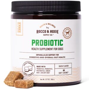 rocco & roxie probiotics for dogs, support gut and digestive health, anti diarrhea, constipation & gas relief, allergies, & itchy skin, prebiotics, enzymes, puppy to senior dog supplements chews 90ct