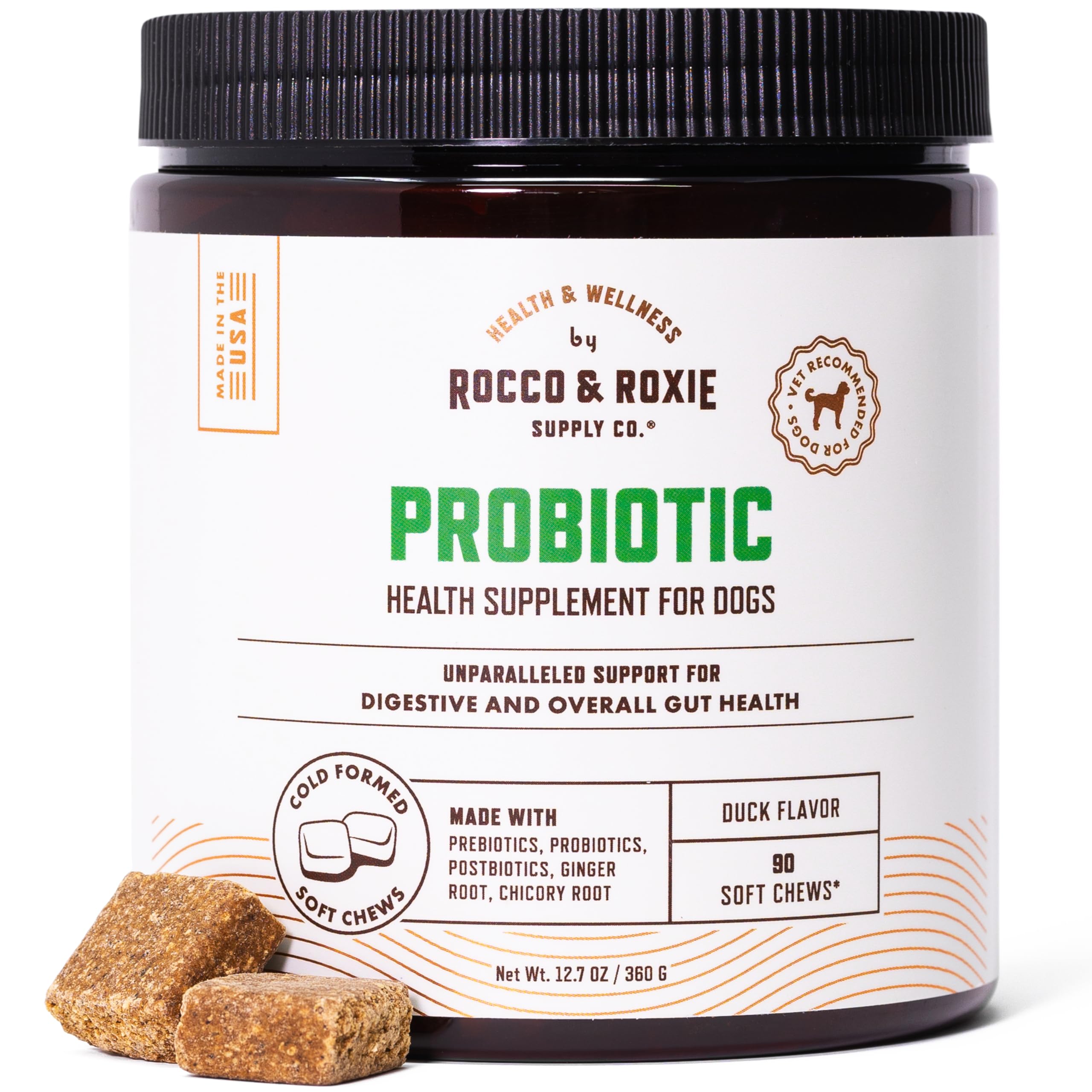 Rocco & Roxie Probiotics for Dogs, Support Gut and Digestive Health, Anti Diarrhea, Constipation & Gas Relief, Allergies, & Itchy Skin, Prebiotics, Enzymes, Puppy to Senior Dog Supplements Chews 90ct