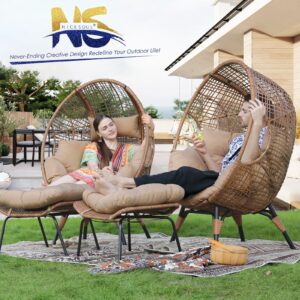 NICESOUL® 2 Person Indoor Outdoor Stationary Wicker Egg Chair Oversized Thicken Cushions Double Egg Seat 440lbs Egg Basket Lounge Chair with Ottomans, Boho Rattan Chair for Patio Brown