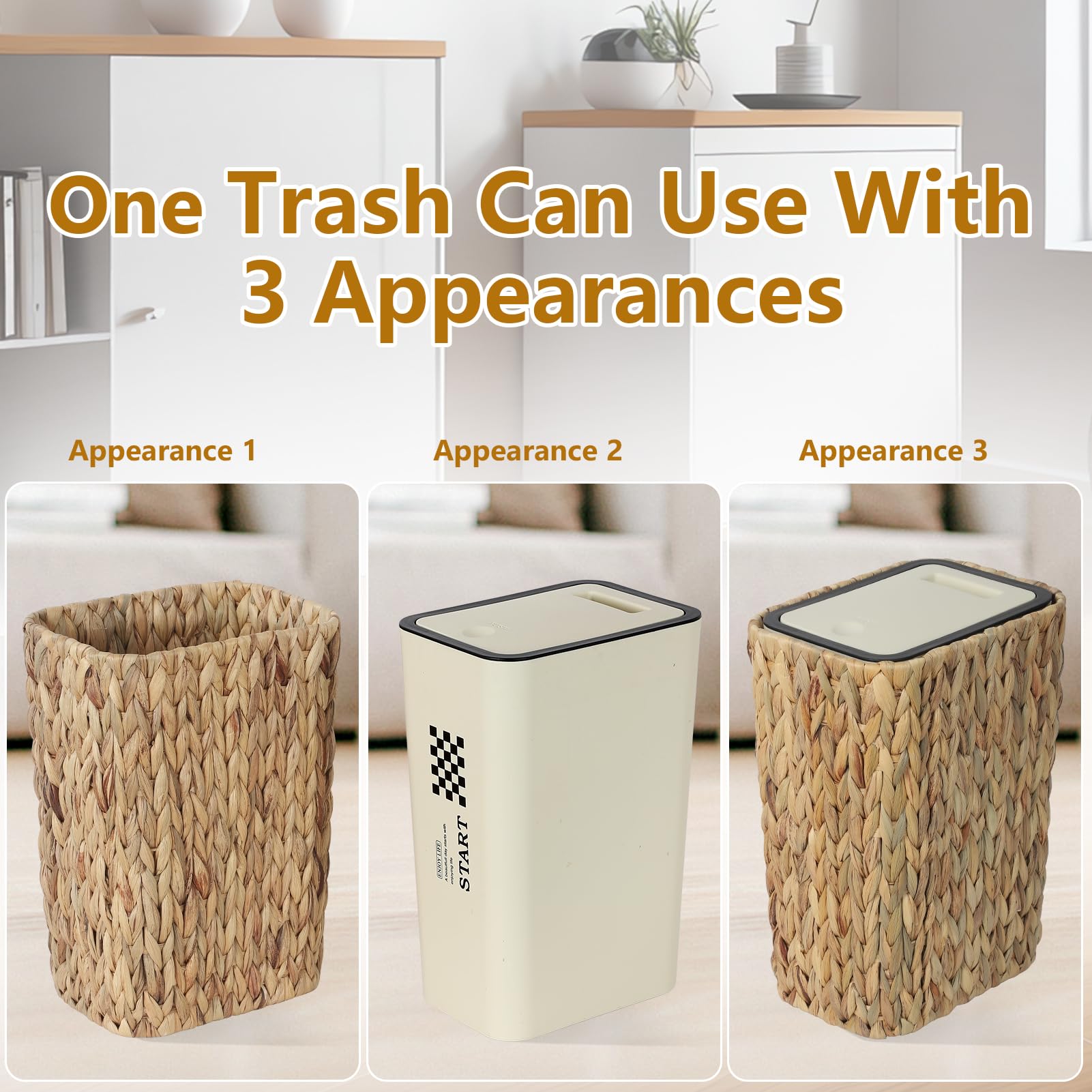 Trongee Boho Trash Can with Lid for Bathroom,2.6 Gallon Small Rattan Garbage Can with Press Top Lid,Woven Wastebasket and Hamper 2 in 1 Wicker Trash Basket for Bathroom,Kitchen,Living Room,Bedroom