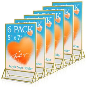 gpyg 6 pack 5x7 acrylic sign holder, double side clear sign holders picture photo frames, menu flyer document paper display stand for office, store, table number holders for wedding party