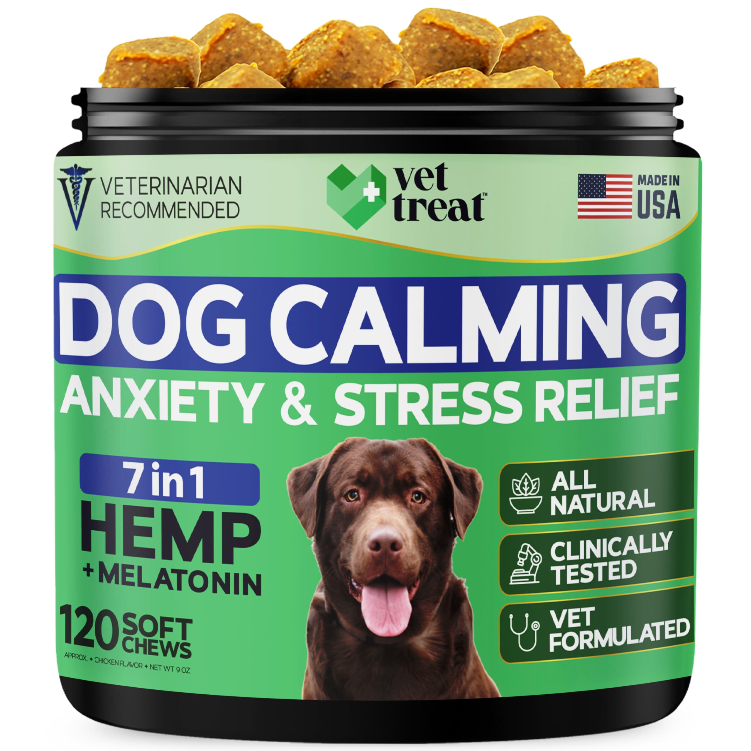 Hemp Calming Chews for Dogs - Dog Anxiety Relief -Made in USA- Hemp Oil + Melatonin Treats - Separation Anxiety, Barking, Travel - Dog Calming Chews - 120 Soft Treats (Chicken)