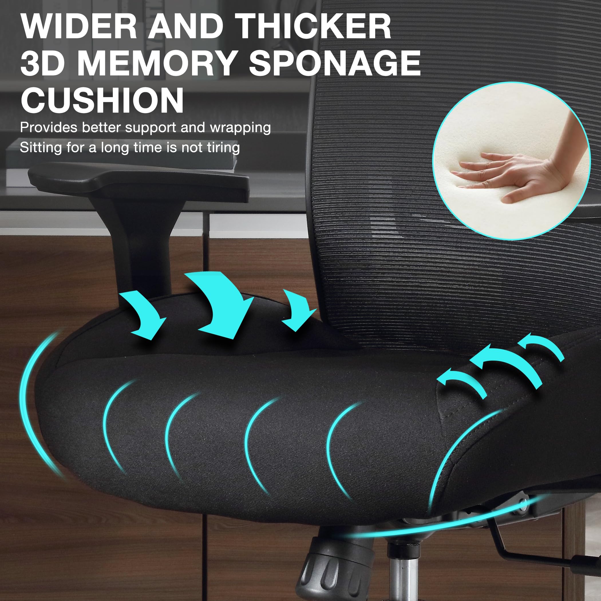 Blue Whale 500lbs Big and Tall Office Chair Widen 3D Cushion Ergonomic Office Chair with 4D Armrests and Adjustable Lumbar Support Office Desk Chair for Adult Heavy Duty Mesh Computer Chair