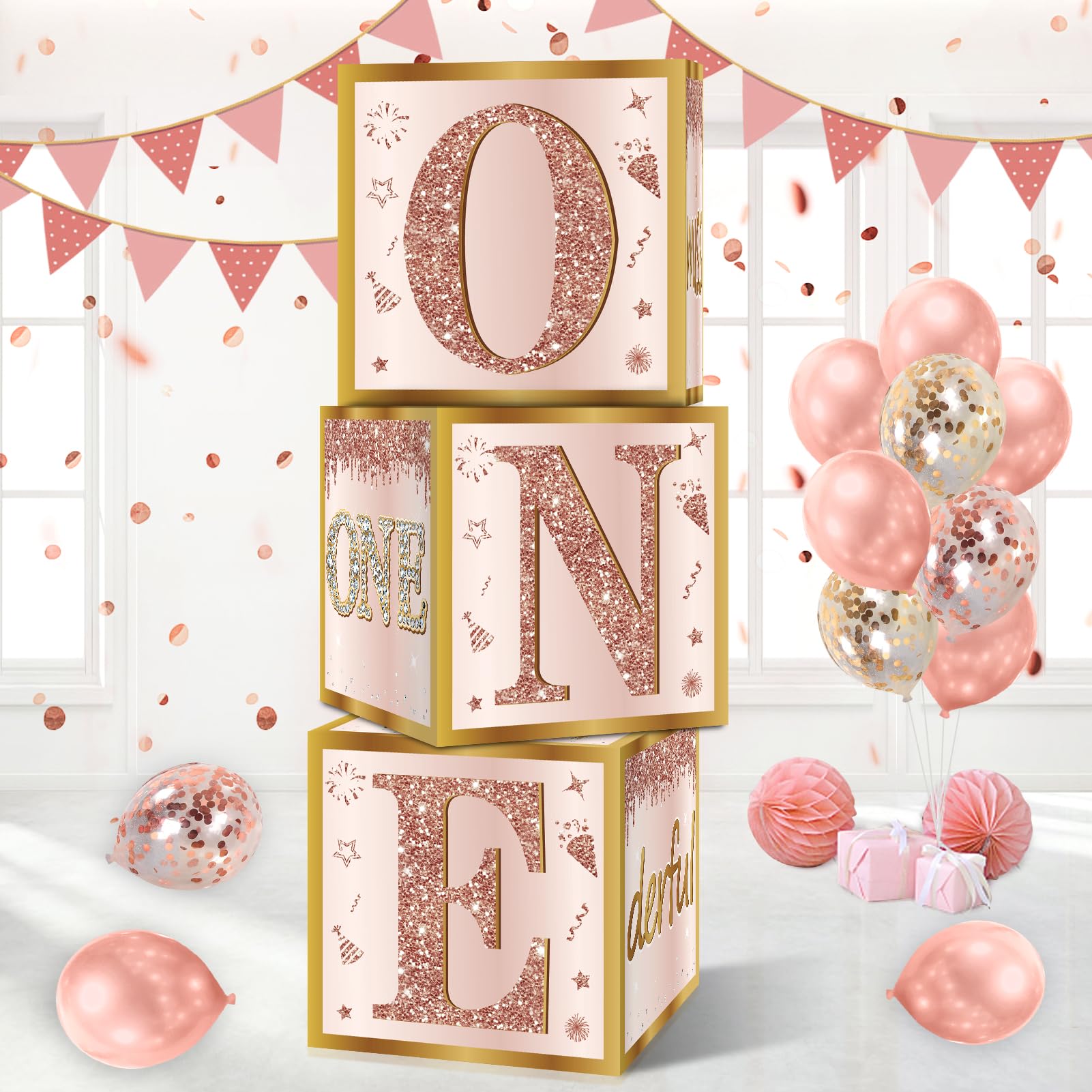 Guiruiy 3Pcs 1st Birthday Boxes Party Supplies for Baby Girl, Pink Rose Gold Miss Onederful 1st Birthday Balloons Boxes Decoration, Pink One Year Old Birthday Theme Cardboard Box Decor