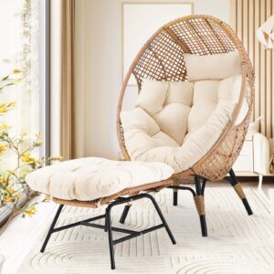 NICESOUL® Wicker Stationary Egg Chair Indoor Outdoor Egg Basket Lounge Chair Oversized Thick Cushions Egg Seat with Legs 440lbs Egg Nest Chair with Ottoman, Boho Rattan Chair for Patio Beige