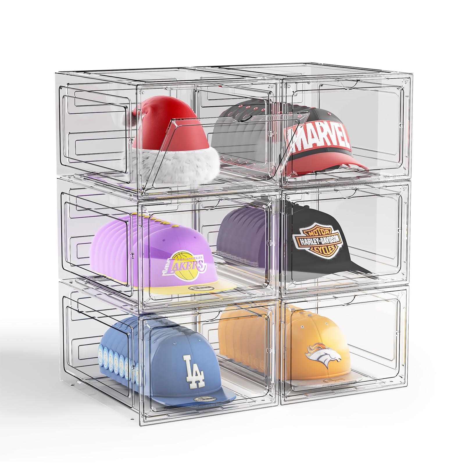 Hat Organizer Box for Baseball Caps, 6 Pack Clear Plastic Hat Storage Box, Hat Holder for Closet, Hat Display Case with Magnetic Door, Hat Rack, Snapback Organizer, Hat Case, Hold 8 Cap Each