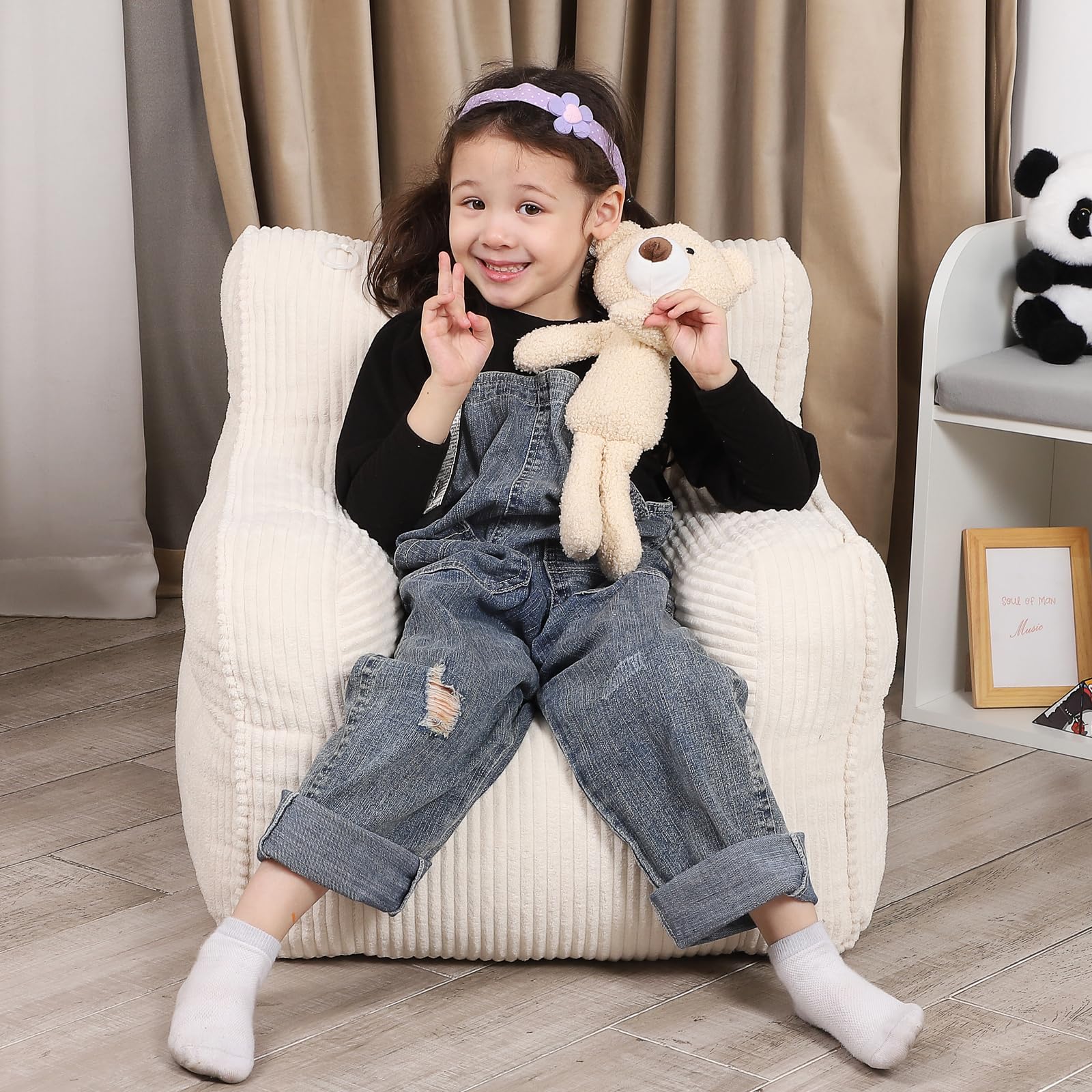 MOMCAYWEX Kids Bean Bag Chair with a Plush Bear, Comfy Toddler Chair for Boys and Girls, Beige