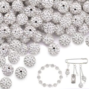 100 pcs 10mm rhinestone beads for jewelry making, white shiny round shamballa disco beads bulk, sparkle crystal clay christmas beads for bracelet necklace earring crafting and diy decoration