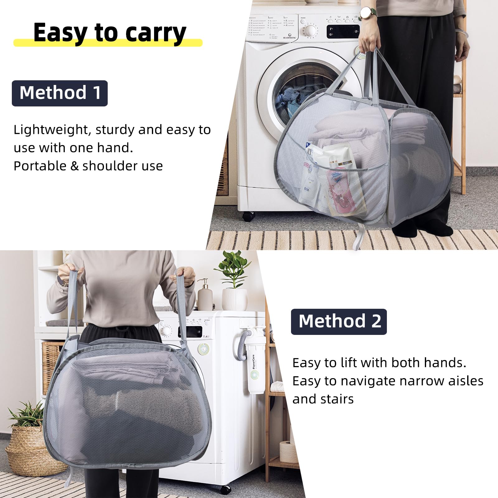 HEDONLEE Collapsible Laundry Basket, 90L Foldable Pop-up Laundry Hamper with Handles, Square Mesh Dirty Clothes Hamper for Laundry, Bathroom, Kids Room, Dorm,Travel or Camping (Gray)