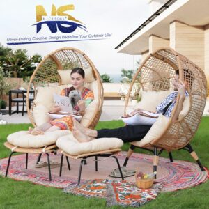 NICESOUL® Wicker Stationary Egg Chair Indoor Outdoor Egg Basket Lounge Chair Oversized Thick Cushions Egg Seat with Legs 440lbs Egg Nest Chair with Ottoman, Boho Rattan Chair for Patio Beige