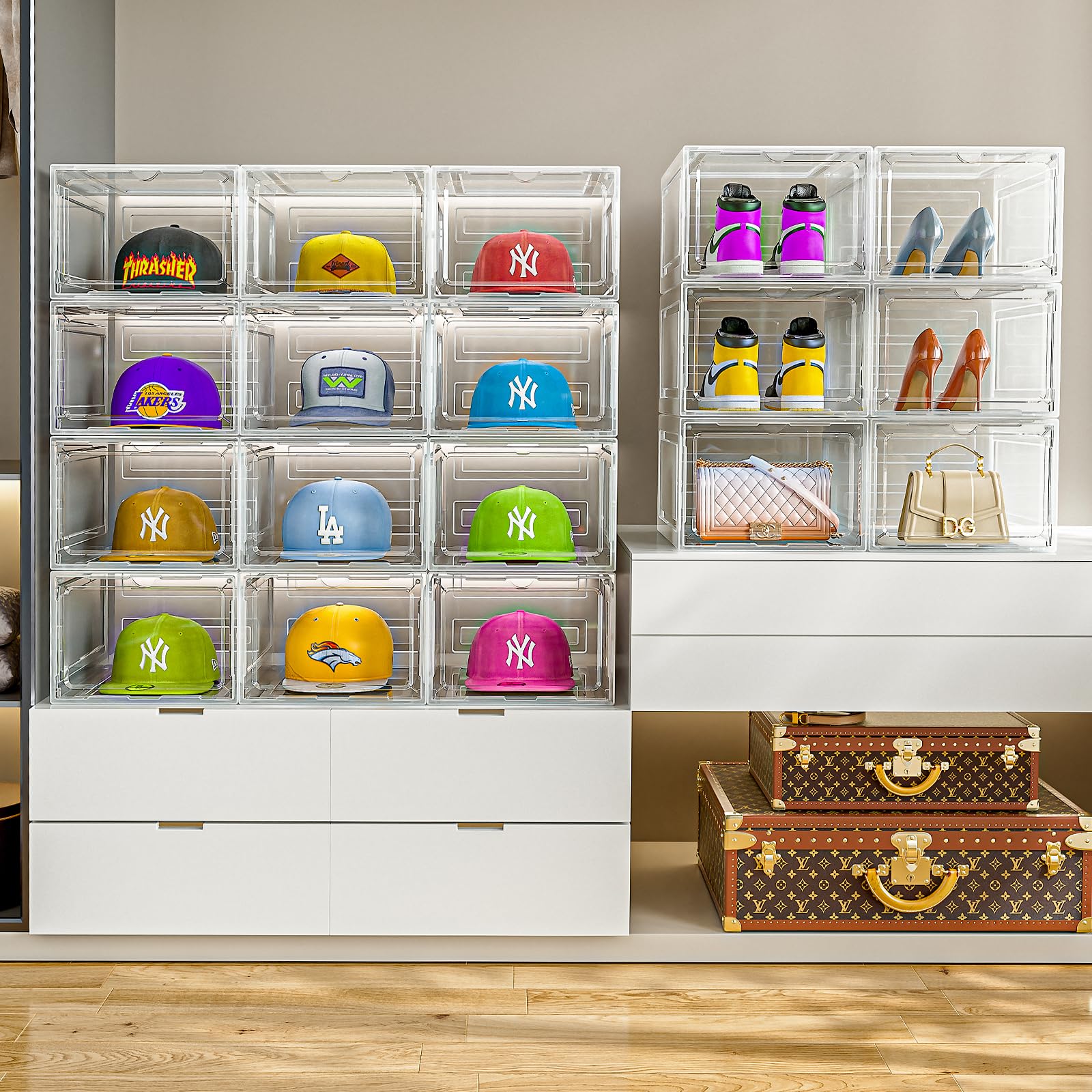 Hat Organizer Box for Baseball Caps, 6 Pack Clear Plastic Hat Storage Box, Hat Holder for Closet, Hat Display Case with Magnetic Door, Hat Rack, Snapback Organizer, Hat Case, Hold 8 Cap Each