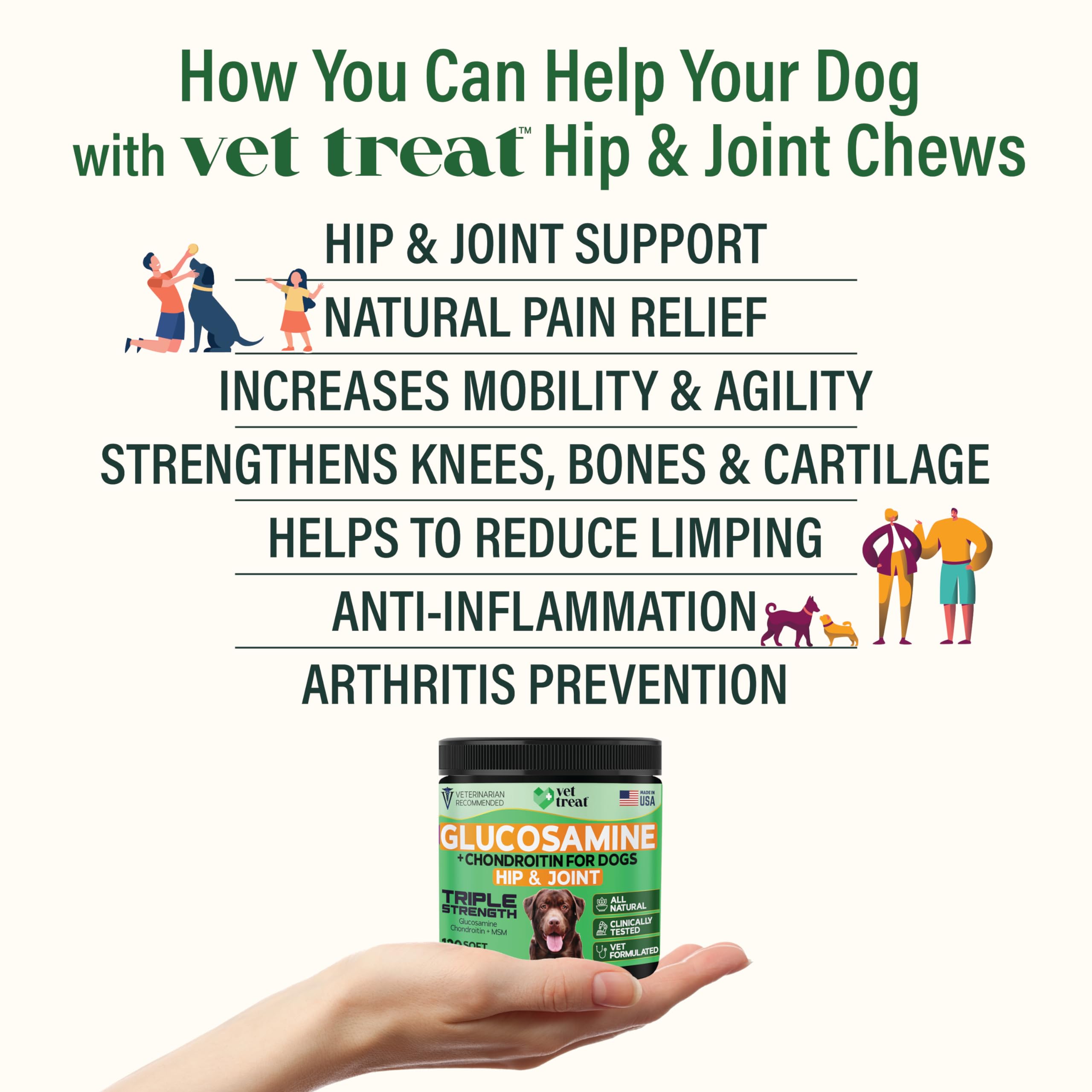 Hemp Hip and Joint Supplement for Dogs - Glucosamine for Dogs -Made in USA- 120 Treats Pain Relief Anti Inflammatory - Chondroitin, MSM, Hemp Oil - Dog Joint Supplement w/Arthritis Relief + Mobility